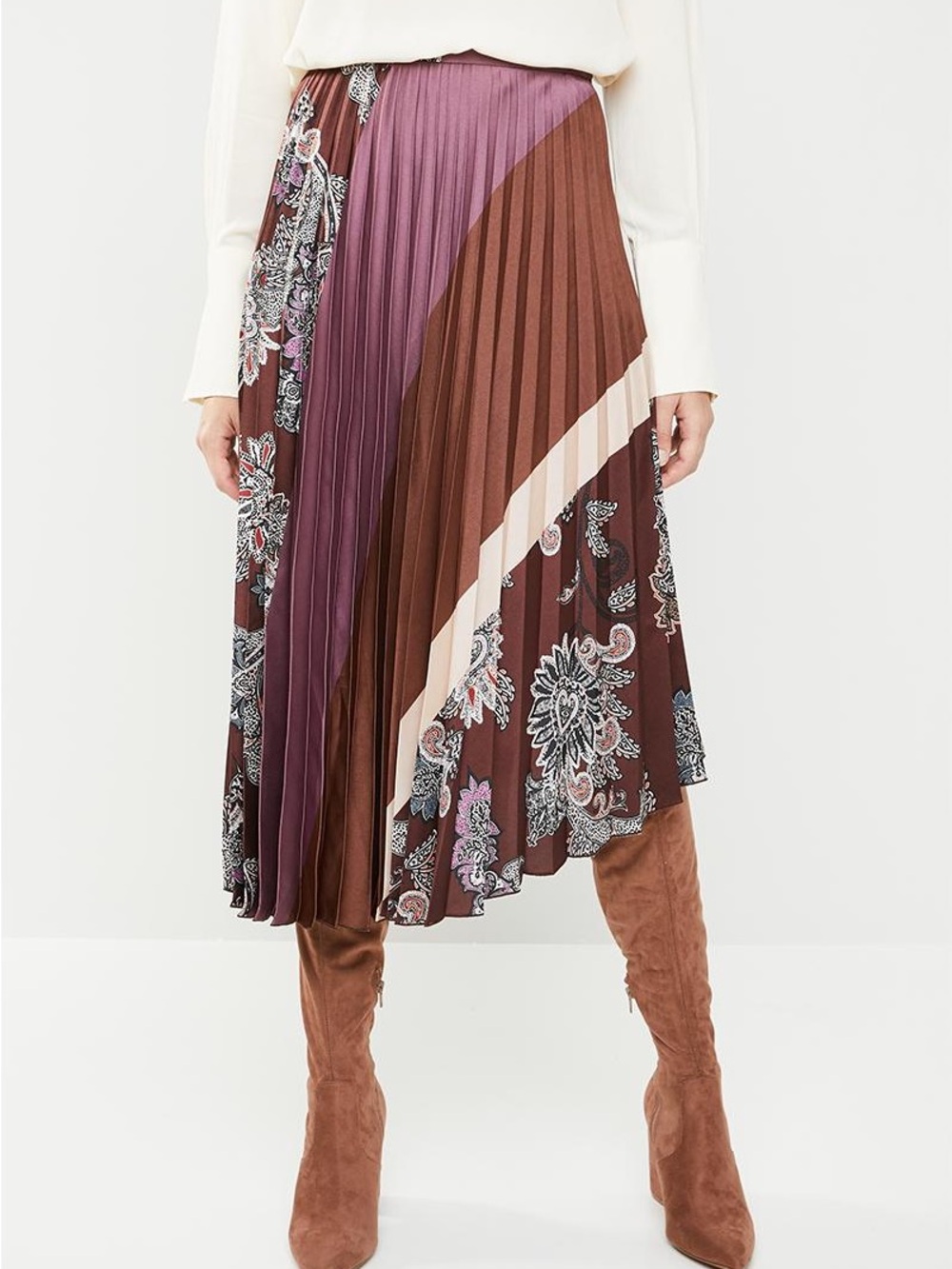 Mango Pleated Mixed-Print asymmetrical Midi Skirt | Size XS